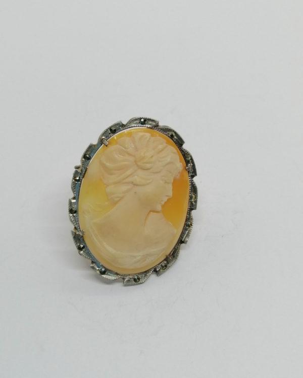 Broche/pendentif argent, marcasites et camée, portrait de femme.
