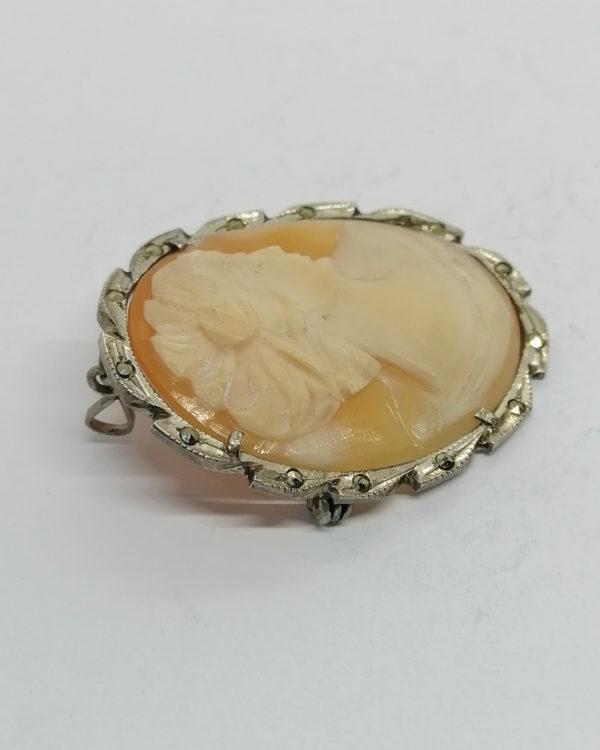 Broche/pendentif argent, marcasites et camée, portrait de femme. – Image 2