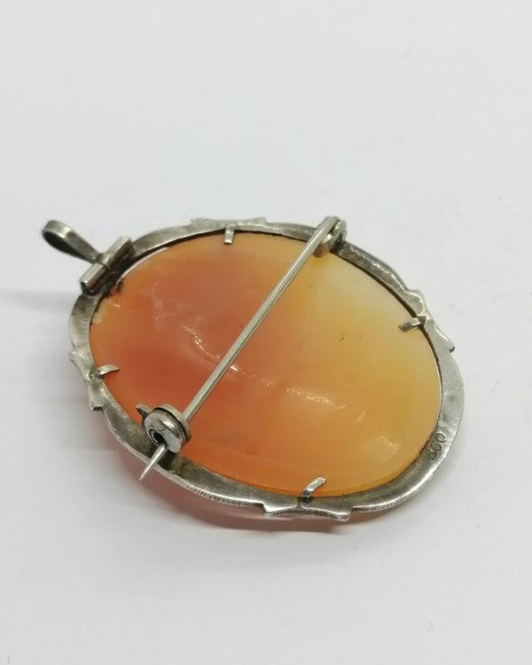 Broche/pendentif argent, marcasites et camée coquillage, femme aux bouclettes. – Image 3