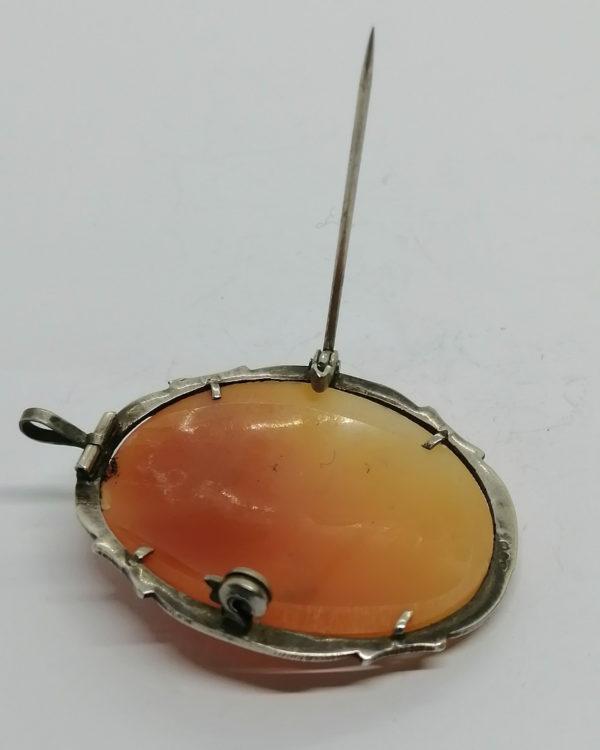 Broche/pendentif argent, marcasites et camée coquillage, femme aux bouclettes. – Image 4