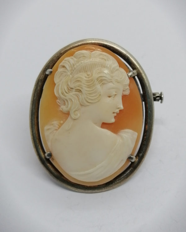 Broche/pendentif argent, vermeil, camée naturel, femme à l'antique.
