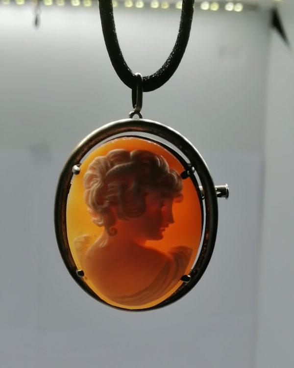 Broche/pendentif argent, vermeil, camée naturel, femme à l'antique. – Image 5
