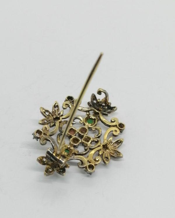 Broche argent et placage d'or rosé, sertie d'agate verte et de roses de diamants, vers 1900. – Image 4