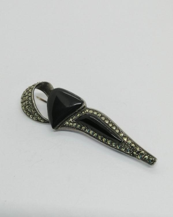 Broche argent, avec onyx et pavage de marcasites, Art Déco. – Image 2