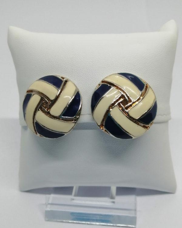 Boucles d'oreilles, clip, ronde façon ruban croisé, couleur crème et bleu, 1960-80.
