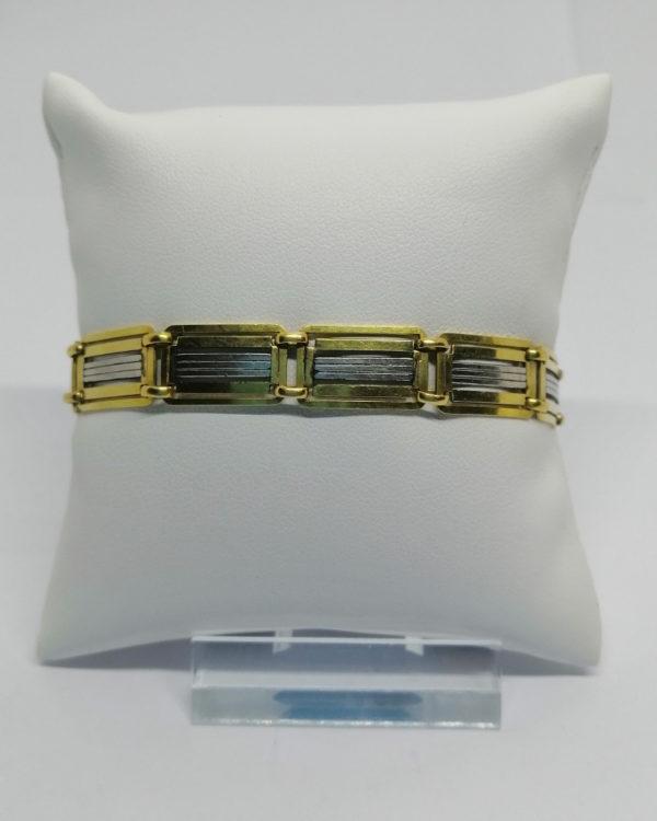 Bracelet plaqué or, bicolore, ajouré, mailles grilles, marque Oria, Art Déco.