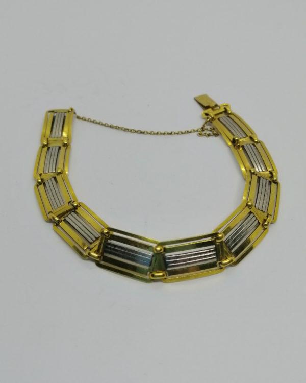 Bracelet plaqué or, bicolore, ajouré, mailles grilles, marque Oria, Art Déco. – Image 3