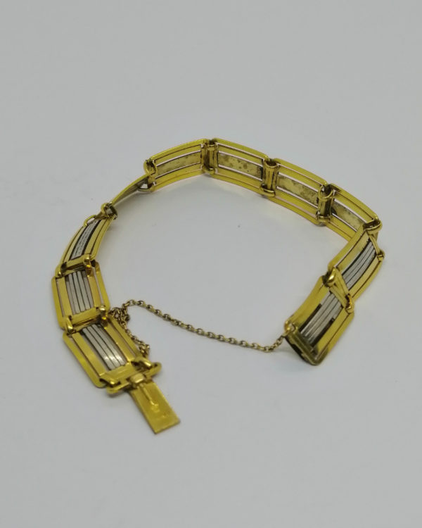 Bracelet plaqué or, bicolore, ajouré, mailles grilles, marque Oria, Art Déco. – Image 4