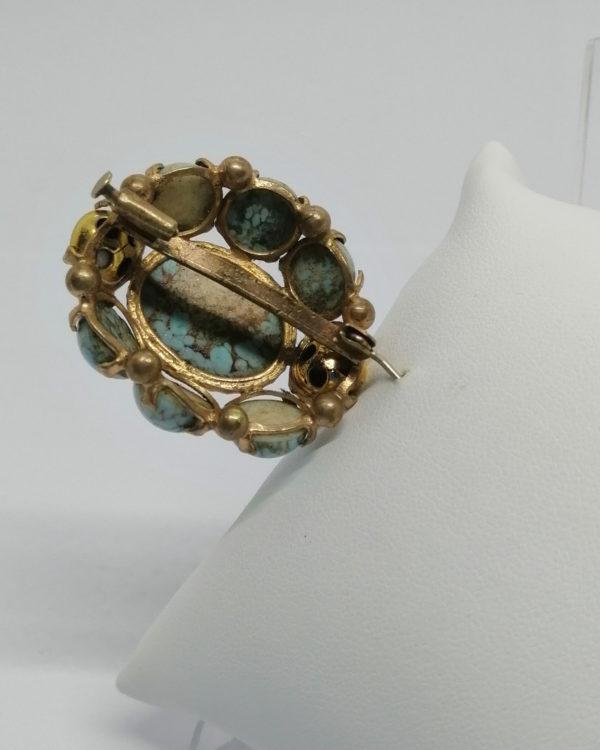 Broche, de forme ovale, avec porcelaine, imitation turquoise, vers 1930-40. – Image 3