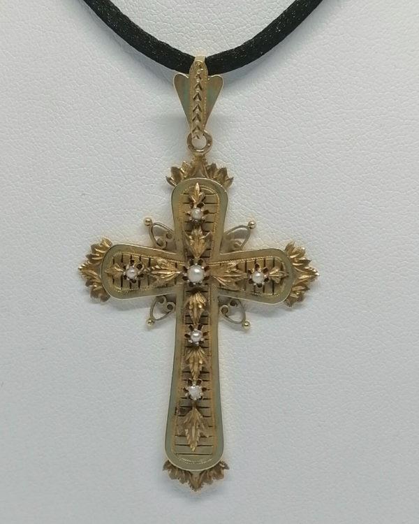 Pendentif, croix en or rosé et sertie de demi-perles fines, Napoléon III. – Image 2